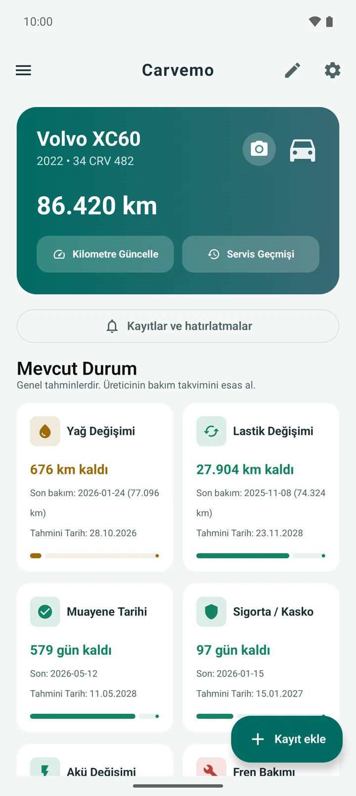 Carvemo ana ekranı: araç kartı ve bakım durumu kartları