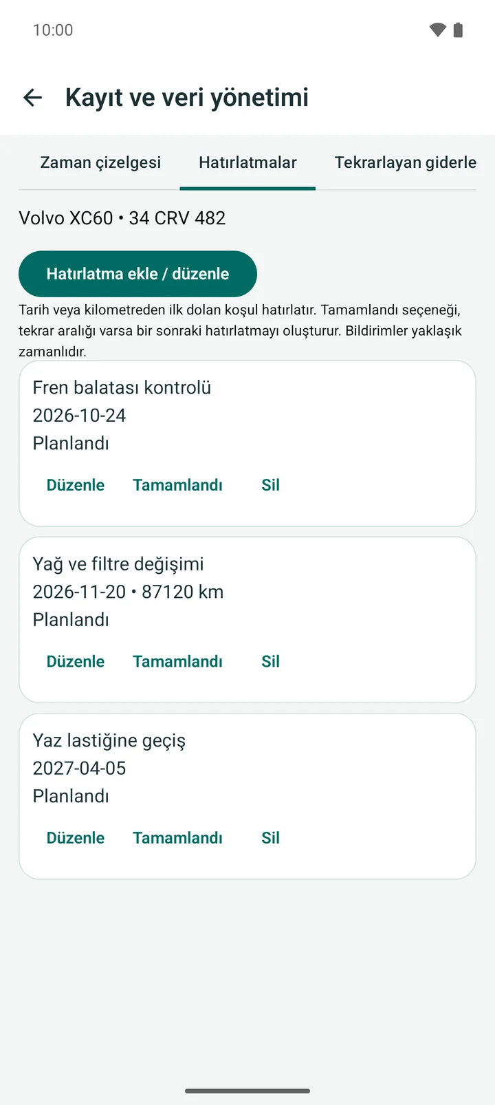 Hatırlatmalar listesi